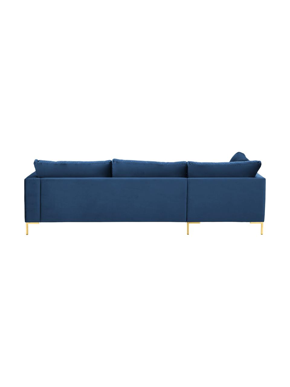 Fluwelen hoekbank Luna in blauw met metalen poten, Bekleding: fluweel (polyester) De ho, Frame: massief beukenhout, Poten: gegalvaniseerd metaal, Fluweel blauw, goudkleurig, B 280 x D 184 cm