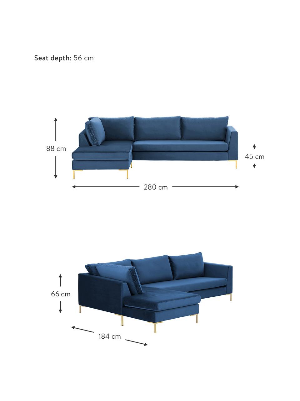 Sofa narożna z aksamitu z metalowymi nogami Luna, Tapicerka: aksamit (poliester) Dzięk, Nogi: metal galwanizowany, Aksamitny niebieski, złoty, S 280 x G 184 cm
