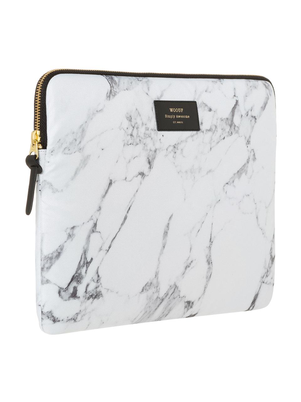 Laptophoes Marble voor MacBook Pro 13 Inch, Laptophoes: wit, gemarmerd. Opdruk: zwart met goudkleurig schrift, 34 x 25 cm