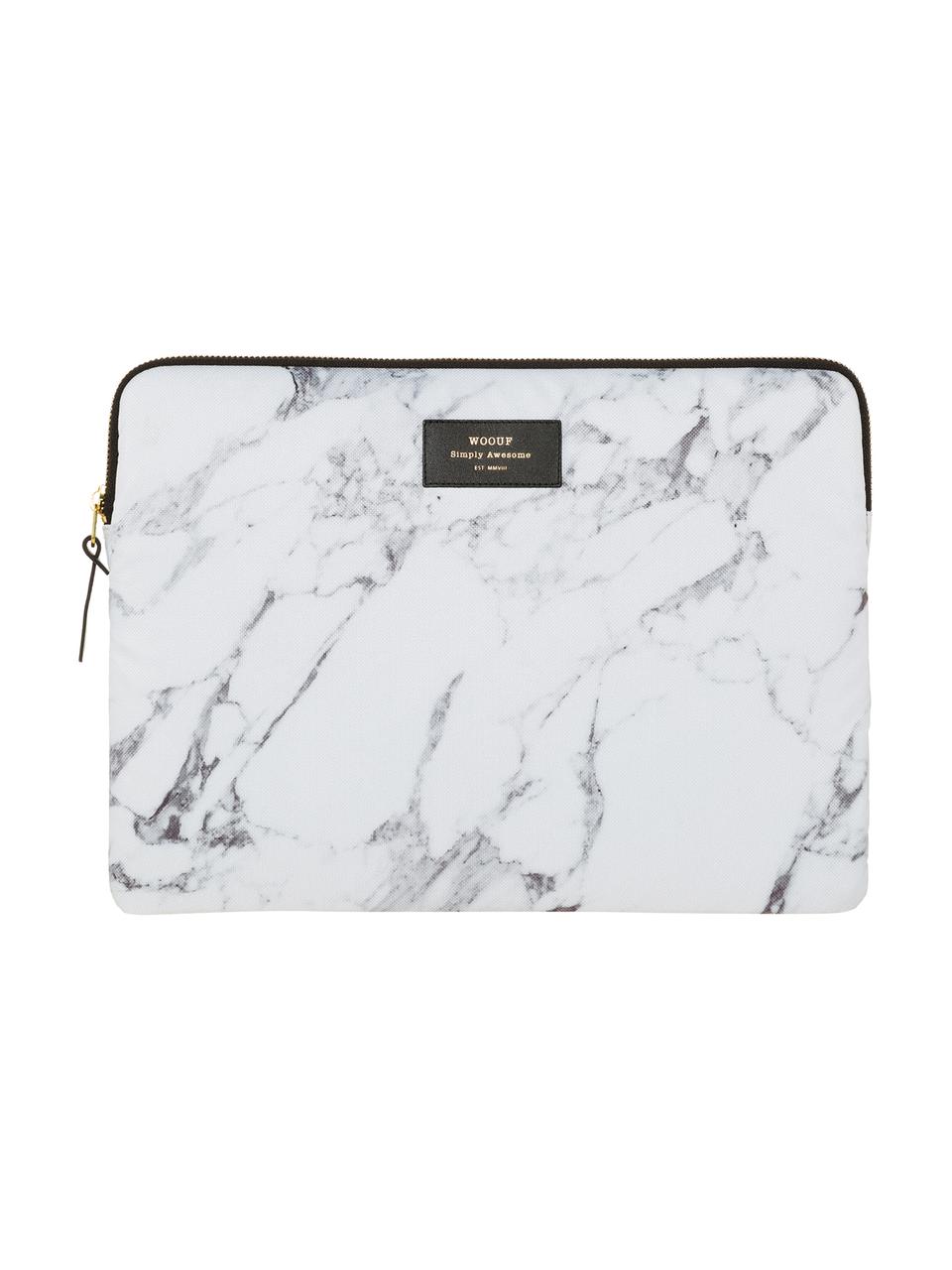 Custodia per MacBook Pro 13 pollici White Marble, Laptop case: bianco, marmo Sovrastampa: nero con carattere dorato, Larg. 34 x Alt. 25 cm