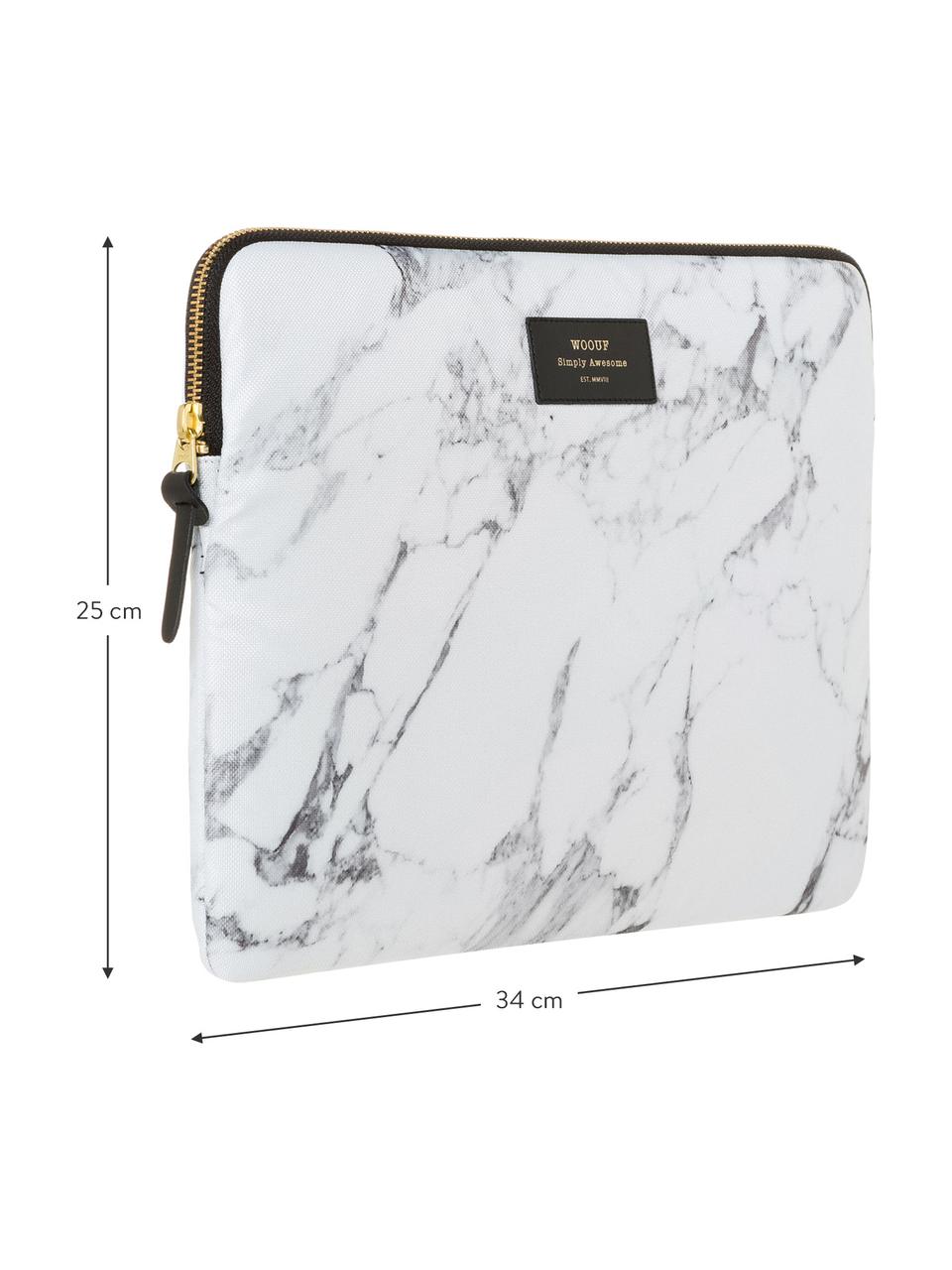 Laptophoes Marble voor MacBook Pro 13 Inch, Laptophoes: wit, gemarmerd. Opdruk: zwart met goudkleurig schrift, 34 x 25 cm