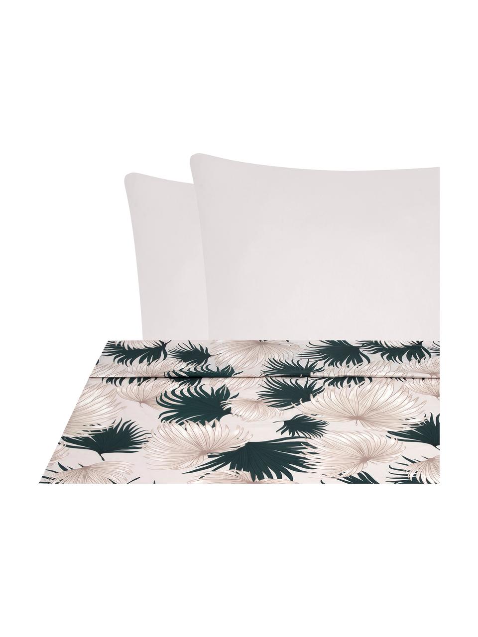 Set lenzuola in raso di cotone con motivo tropicale Aloha, Fronte: beige, verde Retro: beige, 240 x 300 cm + 2 federe 50 x 80 cm