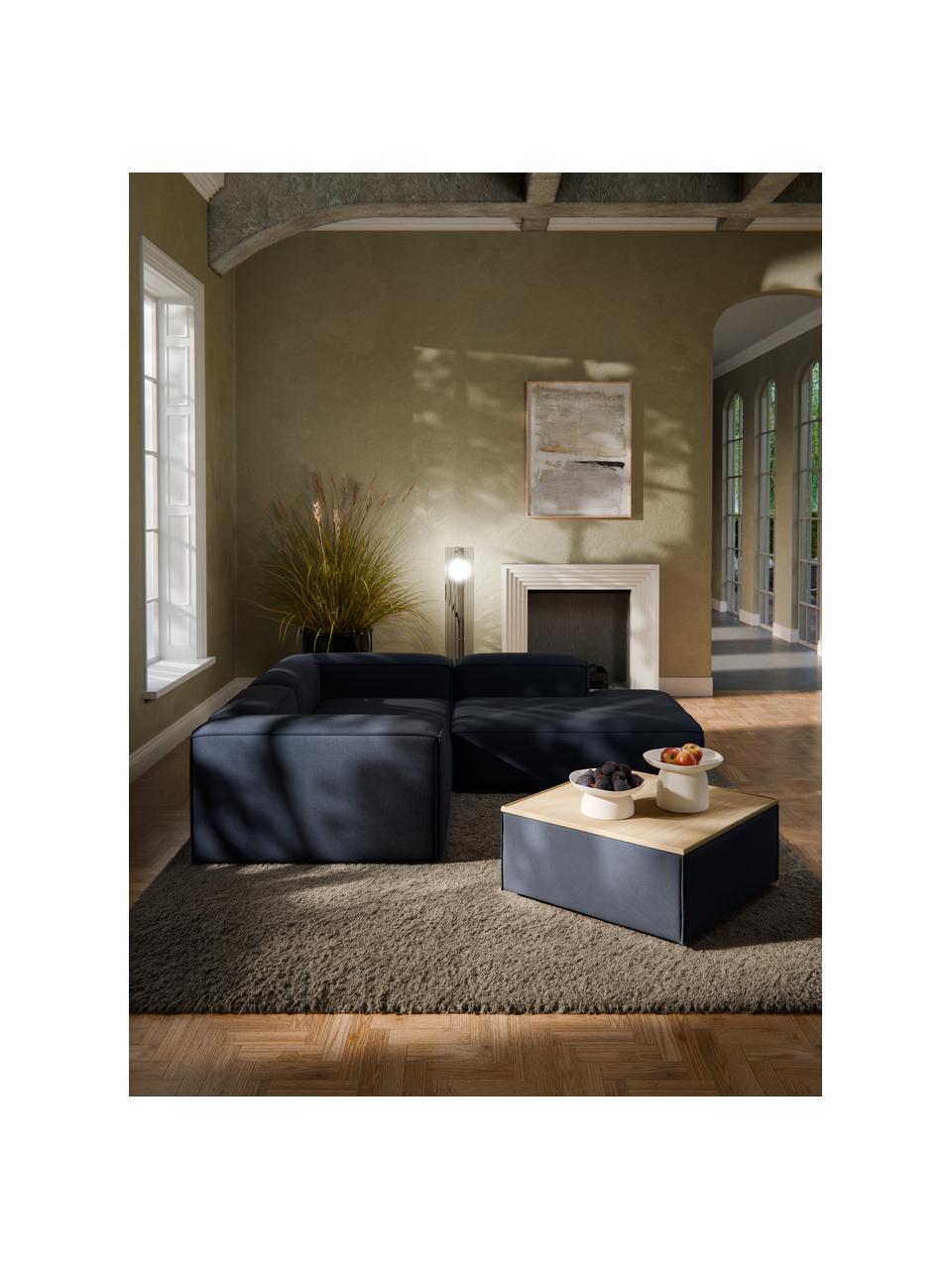 Sofa-Hocker Lennon mit Stauraum, Bezug: 100 % Polyester Der strap, Tablett: Eichenholz, Spannplatte m, Gestell: Spanplatte, mitteldichte , Füße: Kunststoff Dieses Produkt, Webstoff Dunkelblau, helles Eichenholz, B 88 x T 88 cm