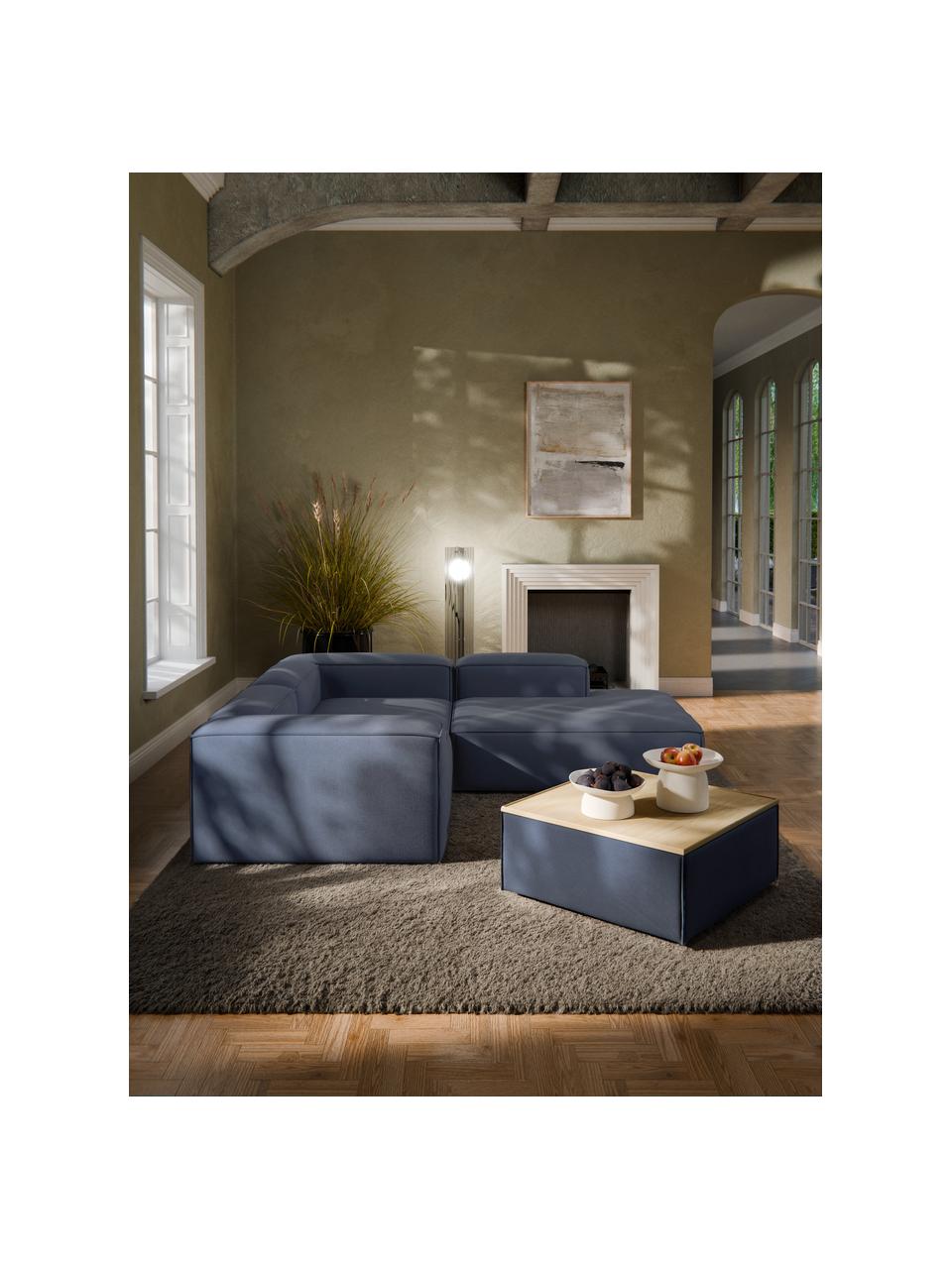 Sofa-Hocker Lennon mit Stauraum, Bezug: 100 % Polyester Der strap, Tablett: Eichenholz, Spannplatte m, Gestell: Spanplatte, mitteldichte , Füße: Kunststoff Dieses Produkt, Webstoff Dunkelblau, helles Eichenholz, B 88 x T 88 cm