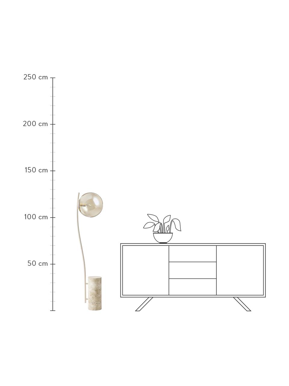 Kleine Stehlampe Cora mit Travertin-Fuß, Lampenschirm: Glas, Gestell: Stahl, beschichtet, Lampenfuß: Travertin, Champagnerfarben, Beige, Ø 25 x H 127 cm