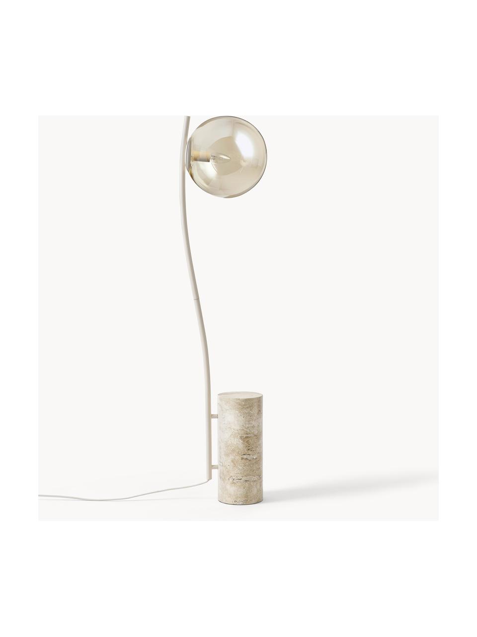 Kleine vloerlamp Cora met travertijn voet, Lampenkap: glas, Frame: gecoat staal, Lampvoet: travertijn, Beige, travertijn, H 127 cm