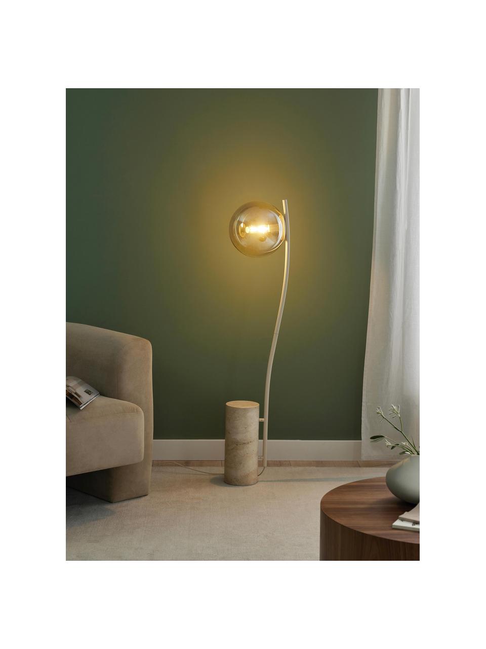 Kleine Stehlampe Cora mit Travertin-Fuß, Lampenschirm: Glas, Gestell: Stahl, beschichtet, Lampenfuß: Travertin, Beige, Travertin, H 127 cm