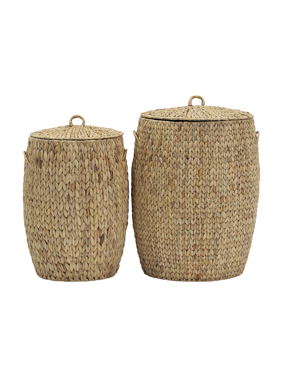 Set de cestas con tapadera Laun, 2 uds., Cesta: jacinto de agua, Estructura: alambre de acero, Marrón, Set de diferentes tamaños