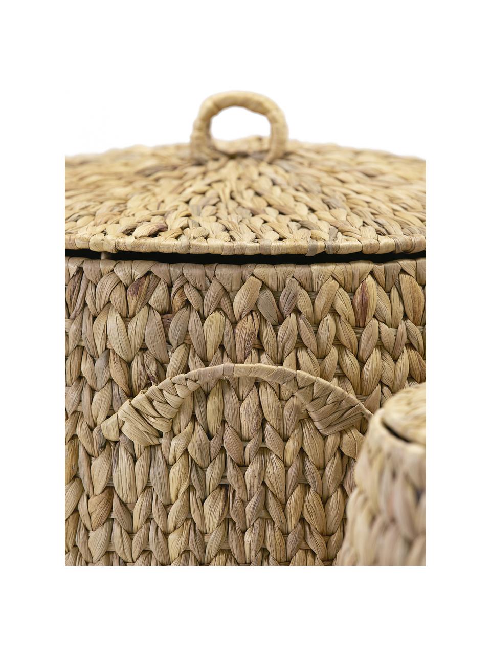 Set de cestas con tapadera Laun, 2 uds., Cesta: jacintos de agua, Estructura: alambre de acero, Marrón, Set de diferentes tamaños