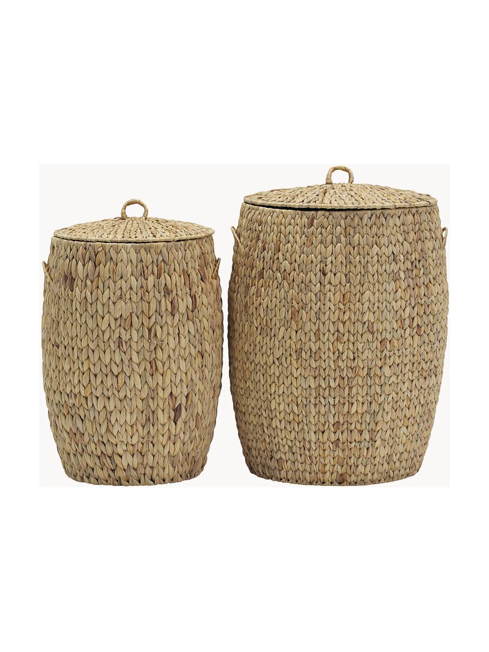 Set de cestas con tapadera Laun, 2 uds., Cesta: jacintos de agua, Estructura: alambre de acero, Beige, Set de diferentes tamaños