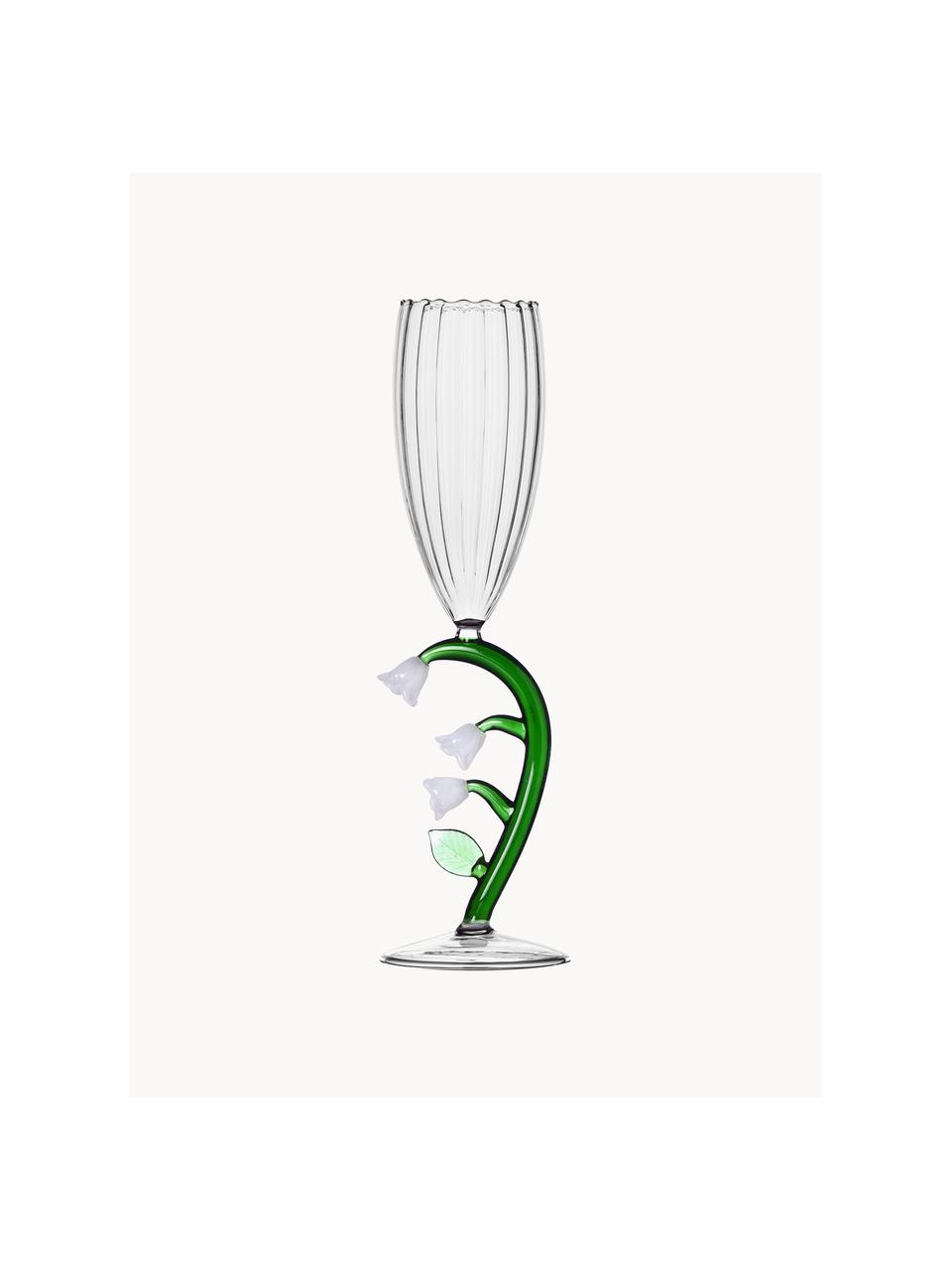 Handgefertigtes Sektglas Botanica, Borosilikatglas, Transparent, Grün, Weiss, Ø 7 x H 24 cm, 160 ml