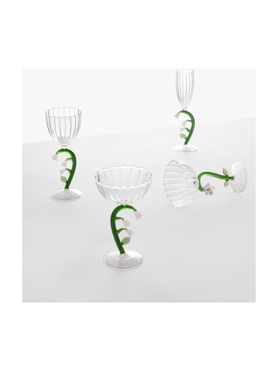 Handgefertigtes Sektglas Botanica, Borosilikatglas, Transparent, Grün, Weiss, Ø 7 x H 24 cm, 160 ml