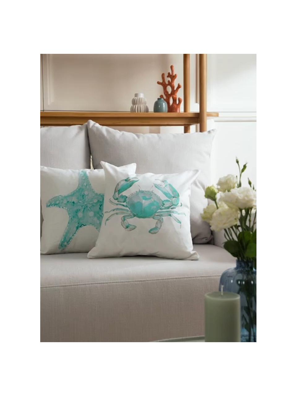 Housse de coussin 40x40 pur coton imprimé aquarelle Crabby, 100 % coton, Bleu, blanc, larg. 40 x long. 40 cm