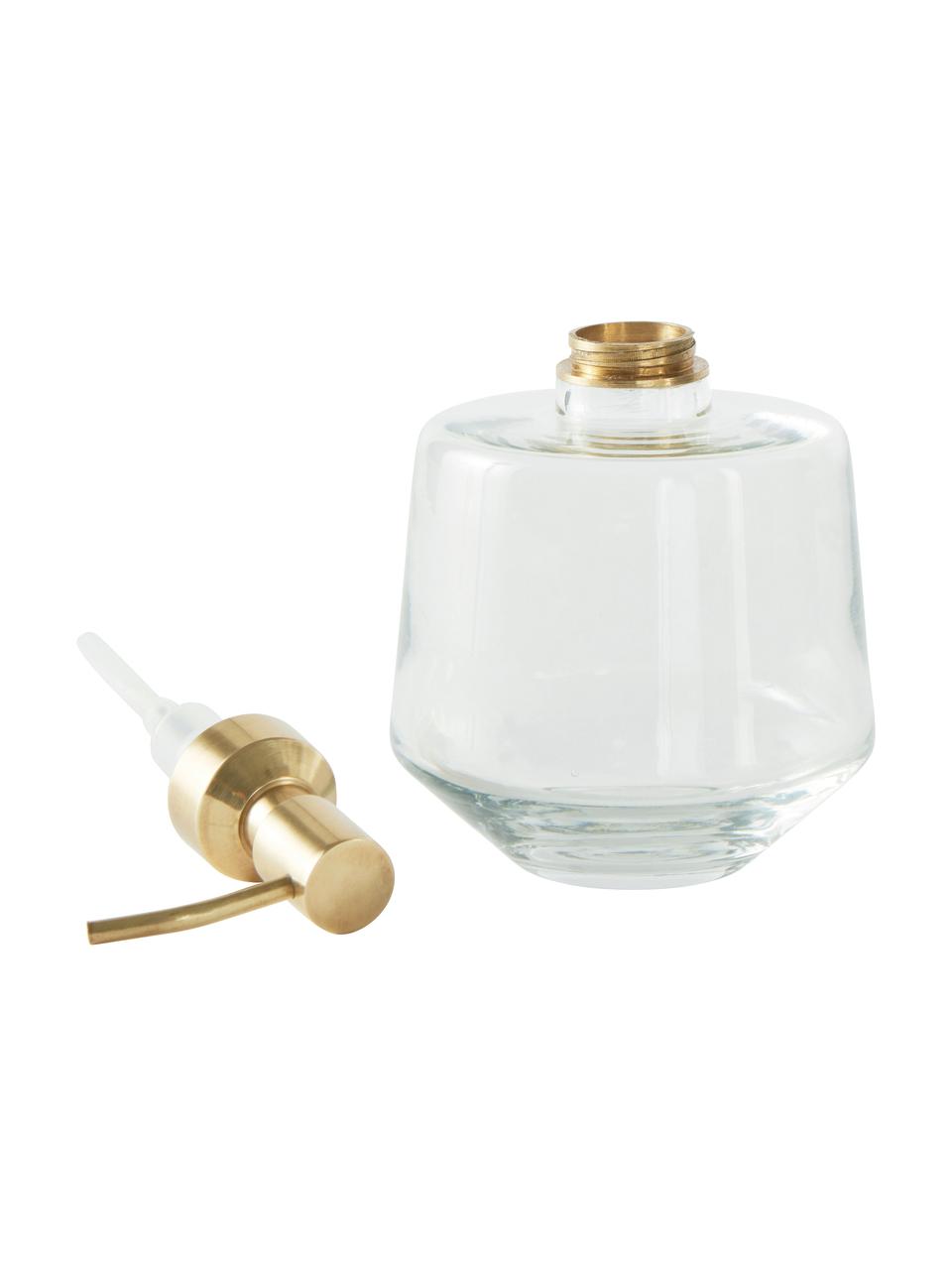 Dispenser sapone Cornelia, Contenitore: vetro, Testa della pompa: metallo rivestito, Ottonato, trasparente, Ø 10 x Alt. 15 cm