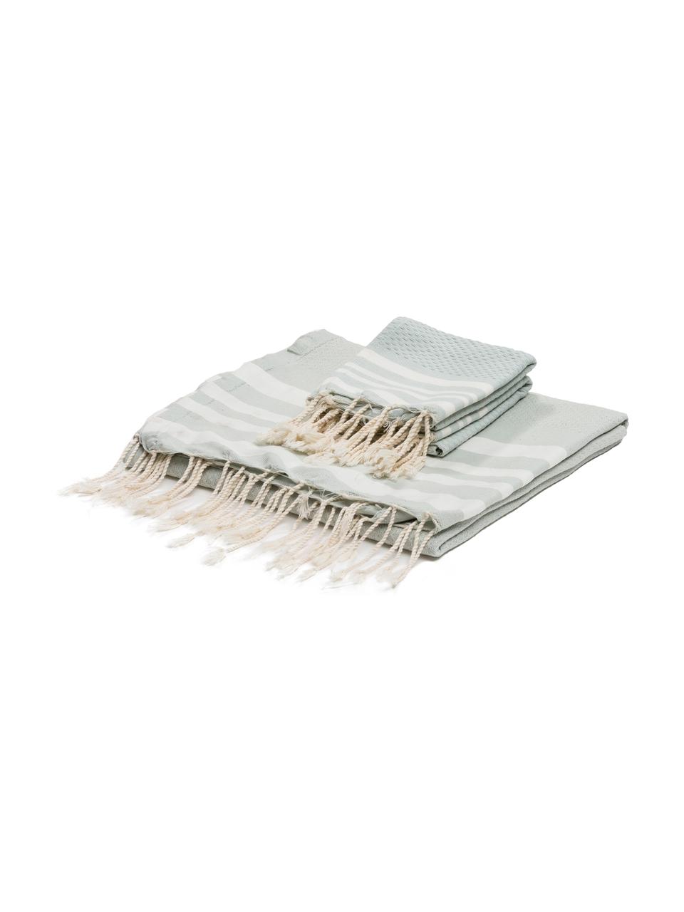 Lot de serviettes de bain légère Hamptons, 3 élém., Vert menthe, blanc