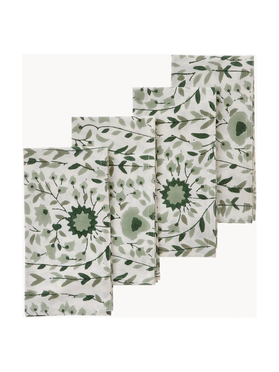 Tovaglioli di stoffa con motivo floreale Jade 4 pz, 100% cotone, Tonalità verdi, bianco latte, Larg. 45 x Lung. 45 cm