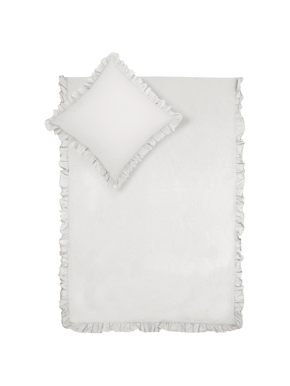 Bavlnená posteľná bielizeň s vypraným efektom a volánmi Florence, Svetlosivá, 200 x 200 cm + 2 vankúše 80 x 80 cm