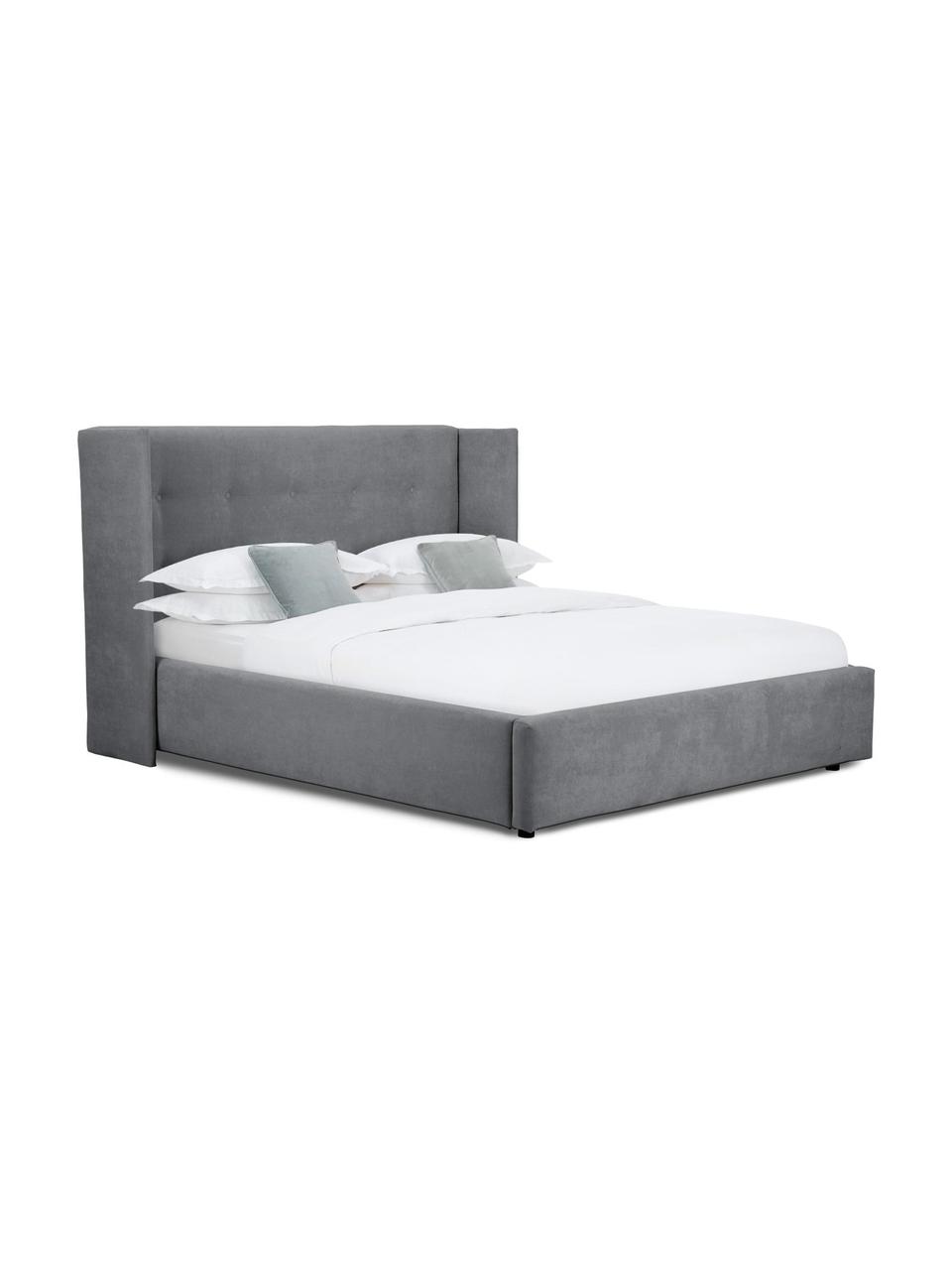 Gestoffeerd bed Star met opbergruimte, Frame: massief grenenhout en pla, Bekleding: polyester (gestructureerd, Geweven stof grijs, B 200 x L 200 cm