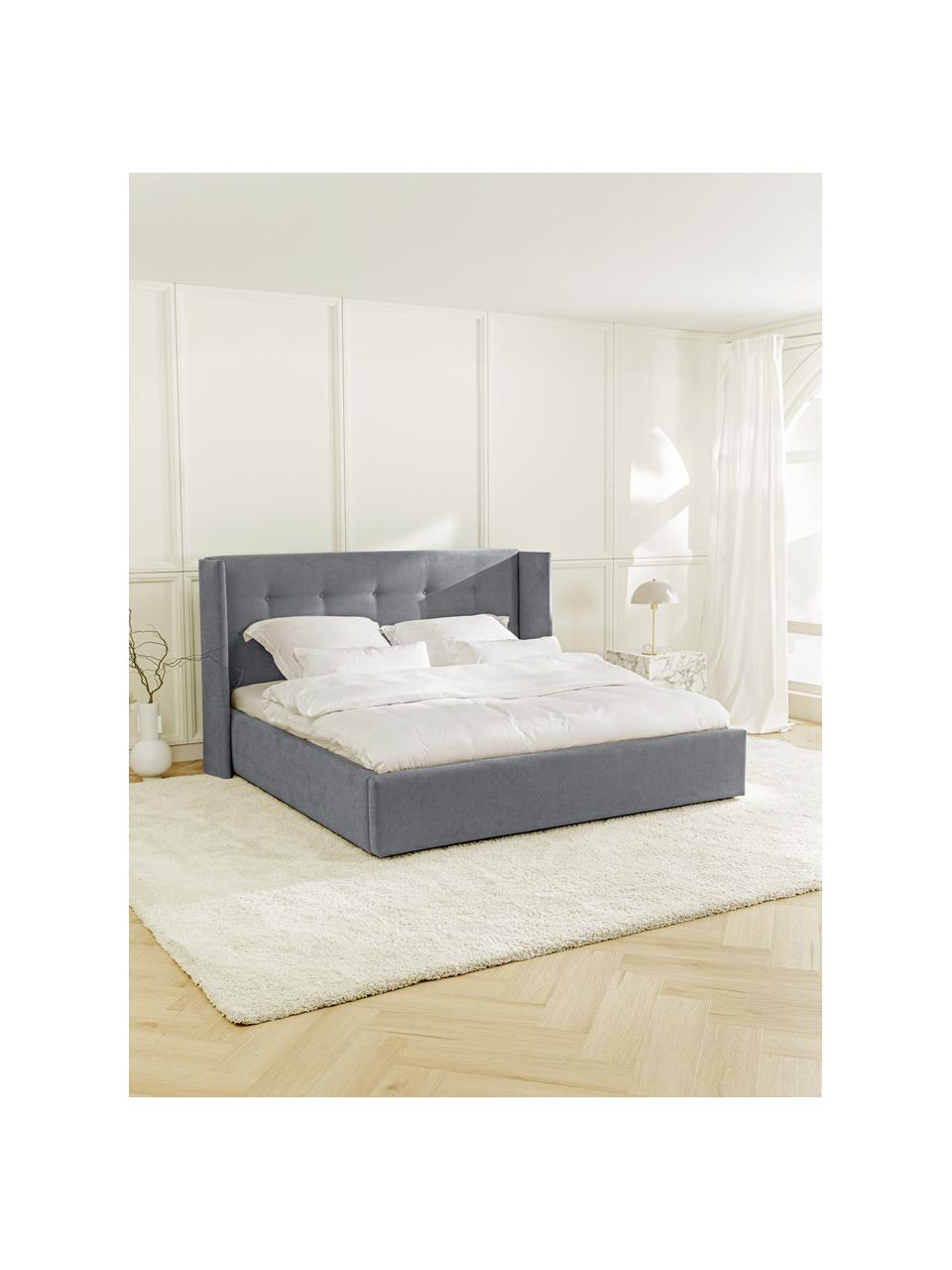 Cama tapizada Star, con espacio de almacenamiento, Tapizado:  poliéster (texturizado) , Estructura: madera de pino maciza y p, Tejido gris antracita, An 140 x L 200 cm