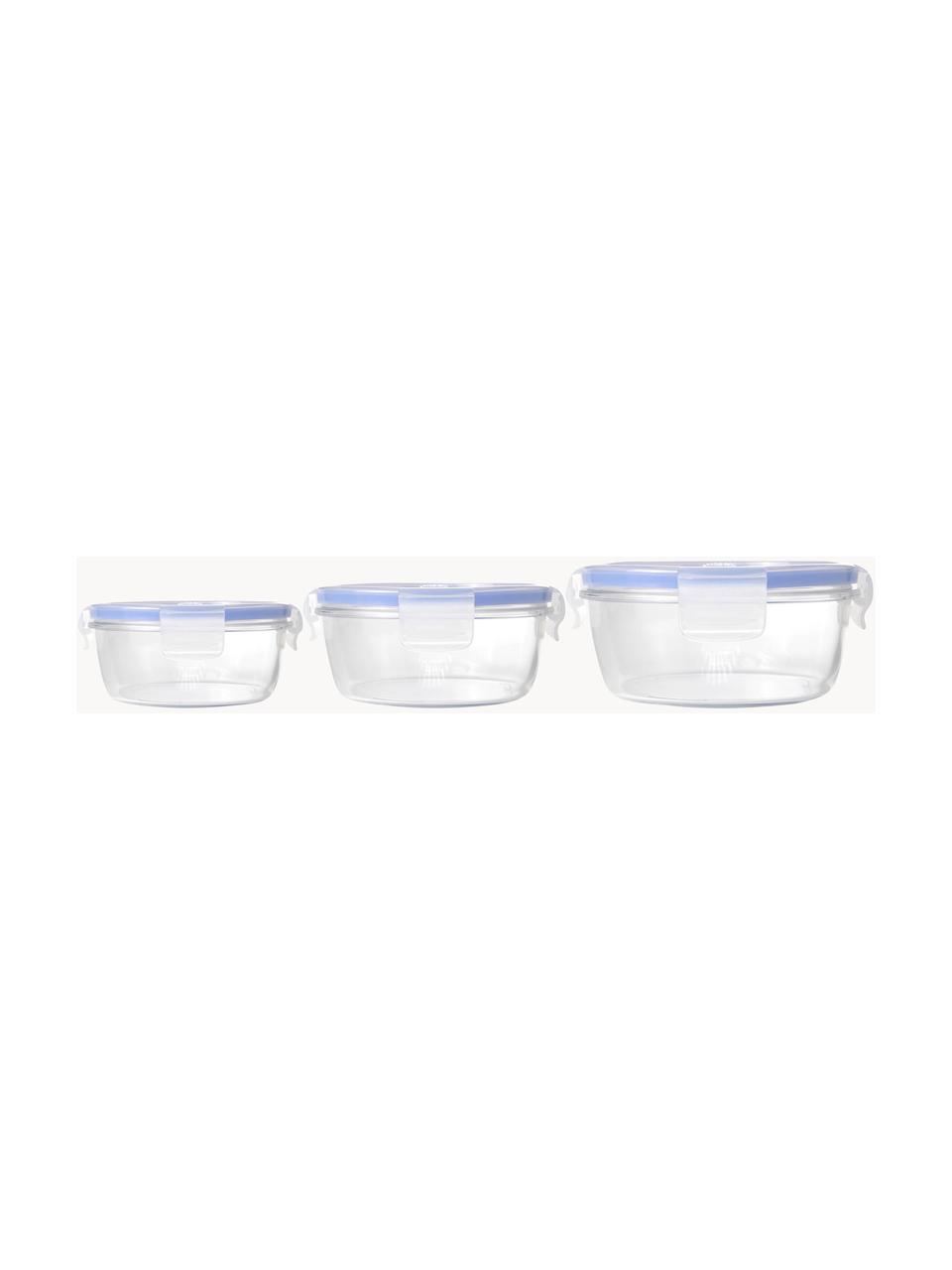 Set de recipientes herméticos redondos Pure, 3 uds., Recipiente: vidrio templado, Transparente, azul, Set de diferentes tamaños