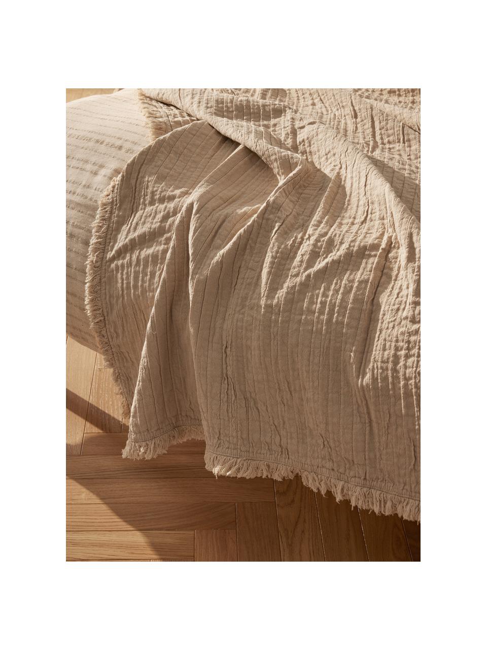 Plissierte Baumwolldecke Artemis mit Fransen, 99 % Baumwolle, 1 % Polyester, Beige, B 140 x L 170 cm