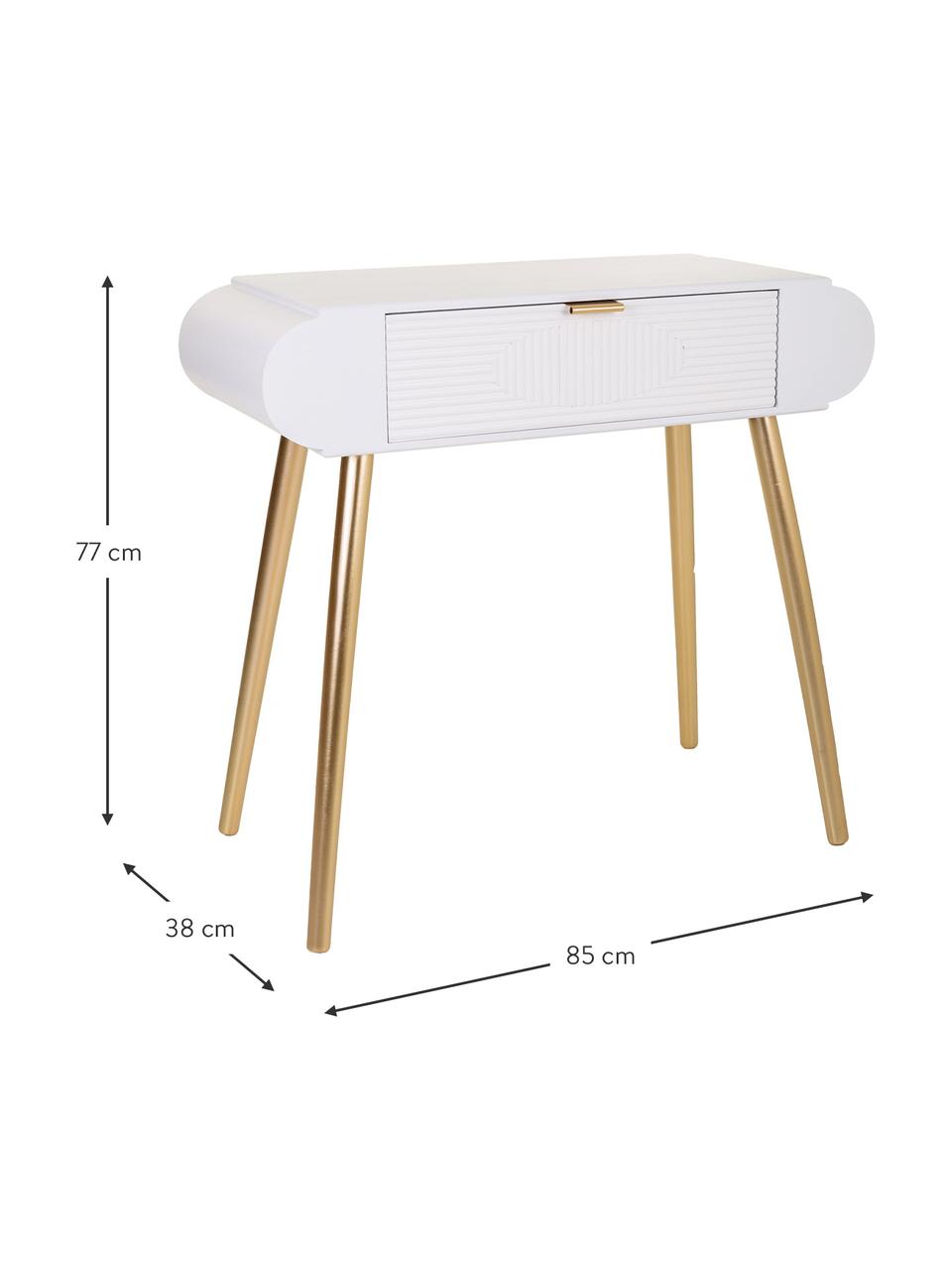 Consola de recibidor con cajones de madera Janette, Estructura: tablero de fibras de dens, Mandera pintada blanco, dorado, An 85 x Al 77 cm