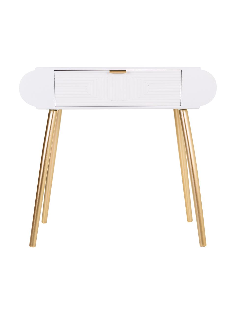 Consola de recibidor con cajones de madera Janette, Estructura: tablero de fibras de dens, Mandera pintada blanco, dorado, An 85 x Al 77 cm