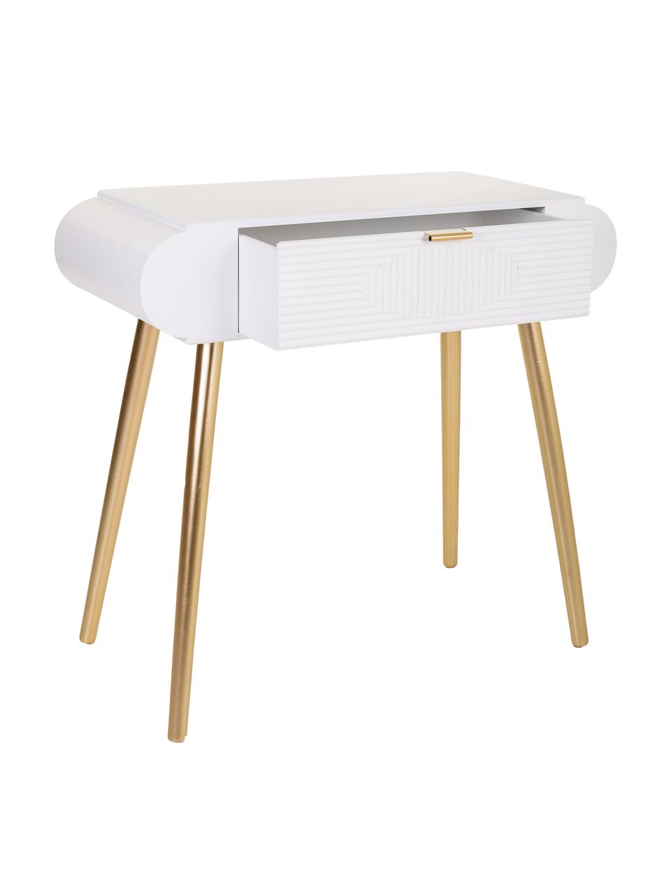 Consola de recibidor con cajones de madera Janette, Estructura: tablero de fibras de dens, Mandera pintada blanco, dorado, An 85 x Al 77 cm