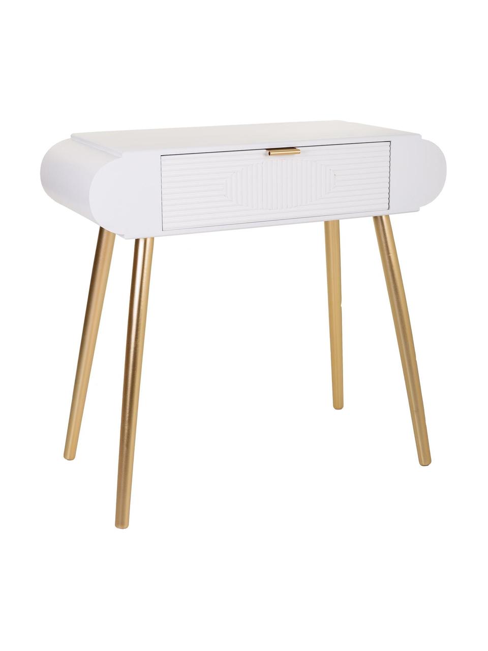 Consola de recibidor con cajones de madera Janette, Estructura: tablero de fibras de dens, Mandera pintada blanco, dorado, An 85 x Al 77 cm