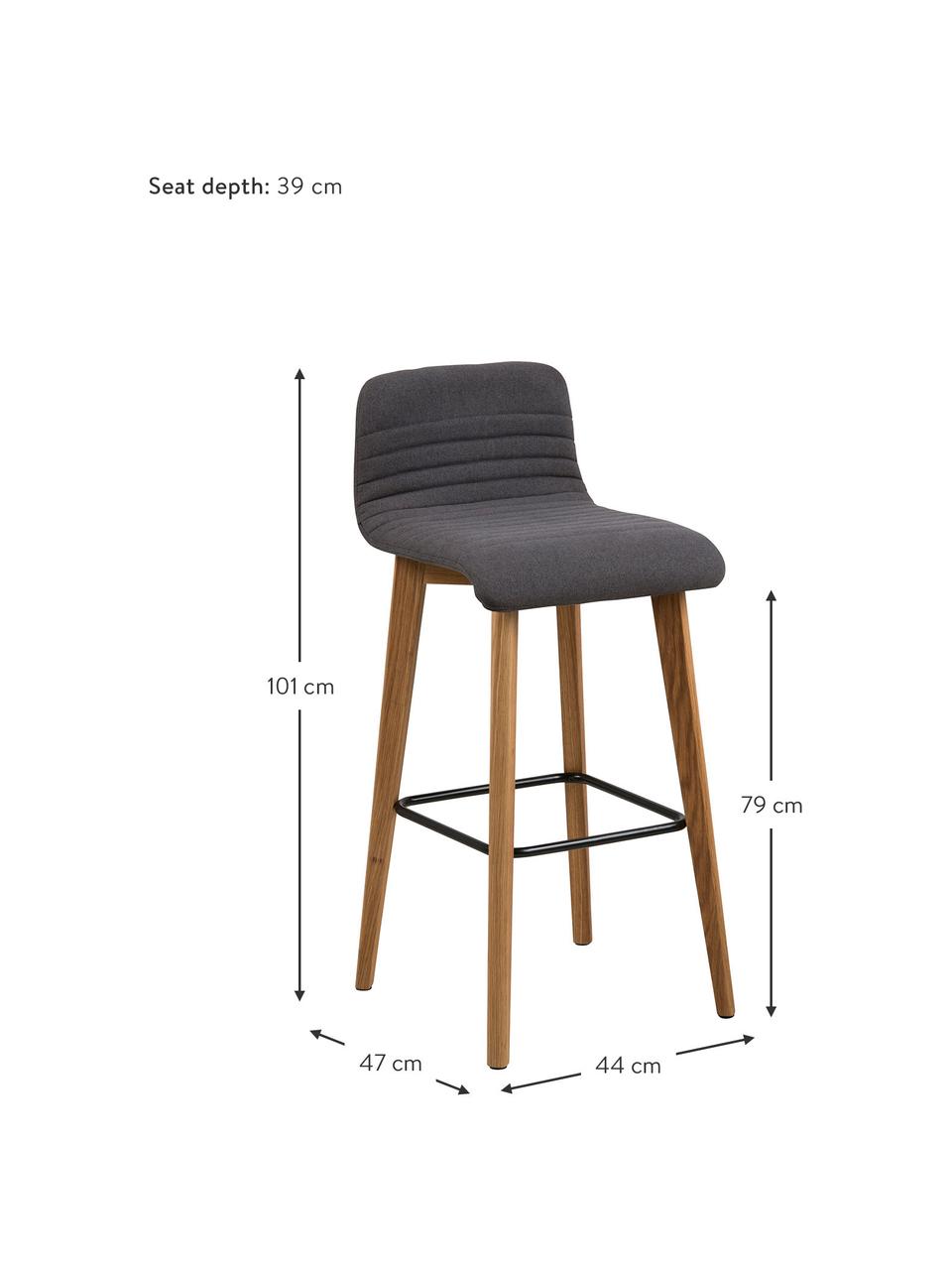 Barstoel Arosa, Bekleding: polyester, Poten: eikenhout, Zitvlak: multiplex, Bekleding: antraciet. Poten: eikenhoutkleurig. Voetsteun: zwart, 44 x 101 cm