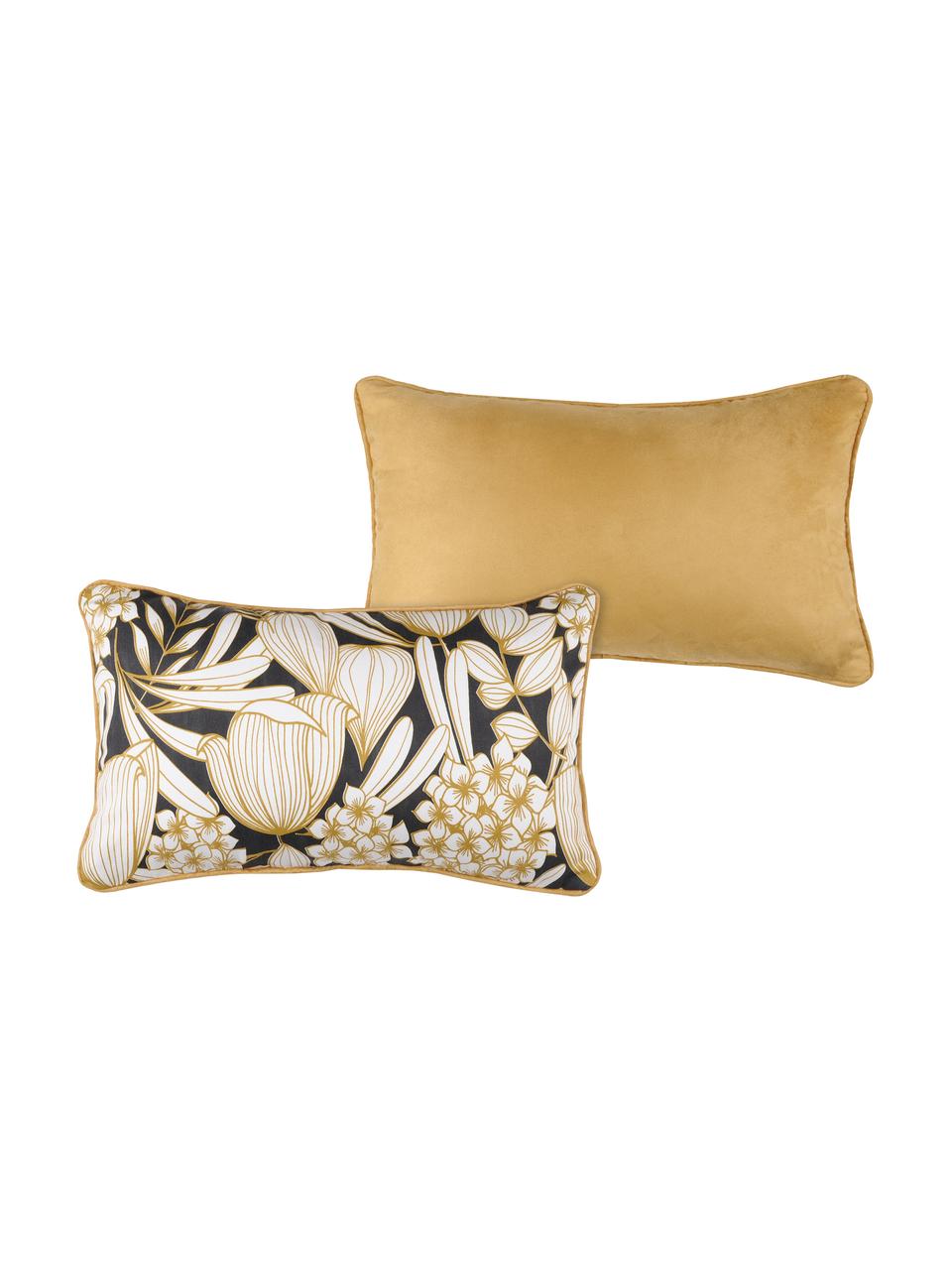 Coussin rectangulaire jaune moutarde Ortance, Jaune moutarde, noir, crème