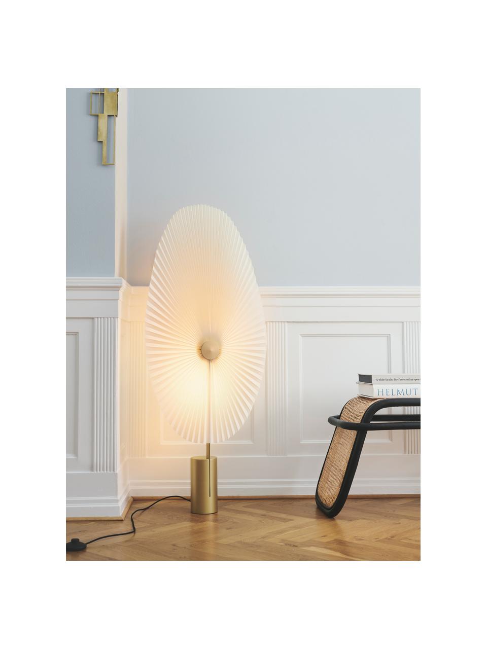 Kleine dimmbare LED-Stehlampe Liris, Lampenschirm: PVC-Folie mit Baumwollgew, Weiß, Goldfarben, H 118 cm