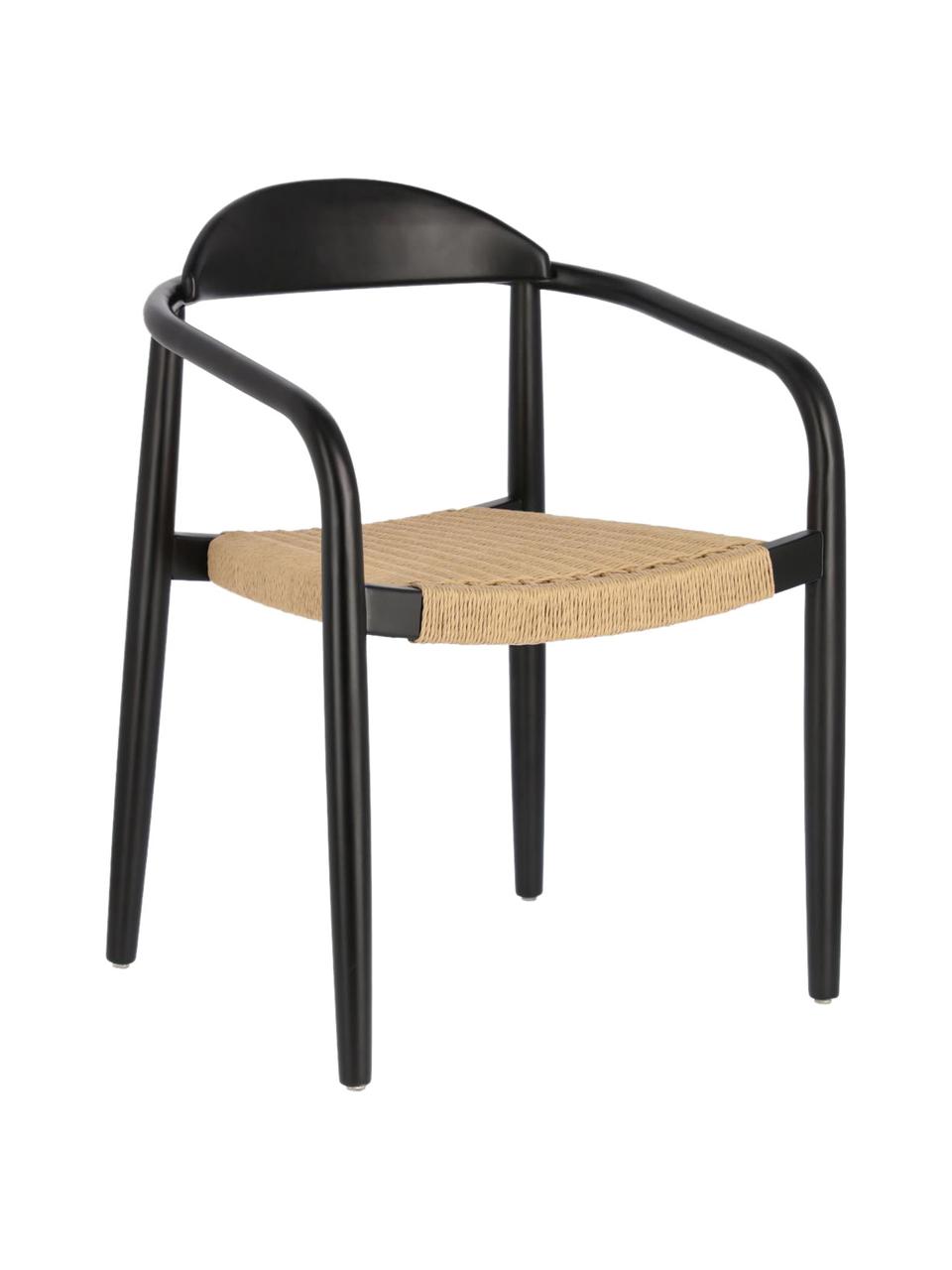 Massief houten fauteuil Nina, Frame: massief eucalyptushout, F, Zitvlak: polyester, uv-bestendig, Zwart, beige, B 56 x D 53 cm