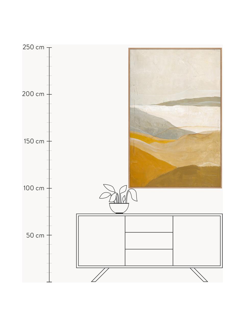 Peinture sur toile réalisée à la main avec cadre en bois Yellow Field, Jaune-, tons beiges, bois clair, larg. 90 x haut. 120 cm