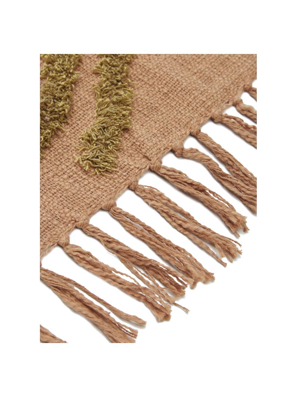 Baumwolldecke Fringe mit getufteter Verzierung, 100% Baumwolle, Braun, 130 x 170 cm