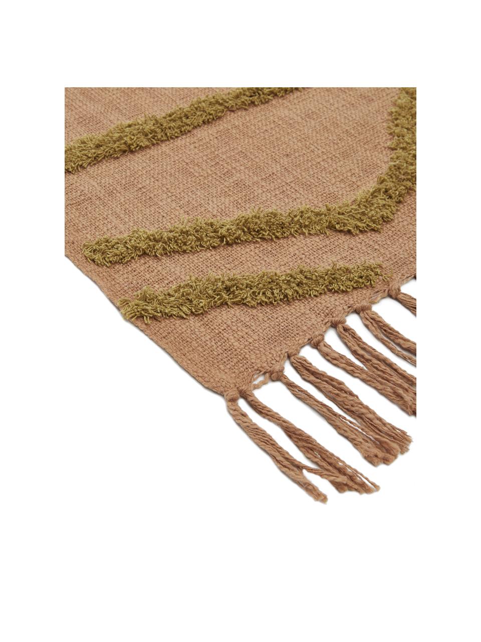 Baumwolldecke Fringe mit getufteter Verzierung, 100% Baumwolle, Braun, 130 x 170 cm