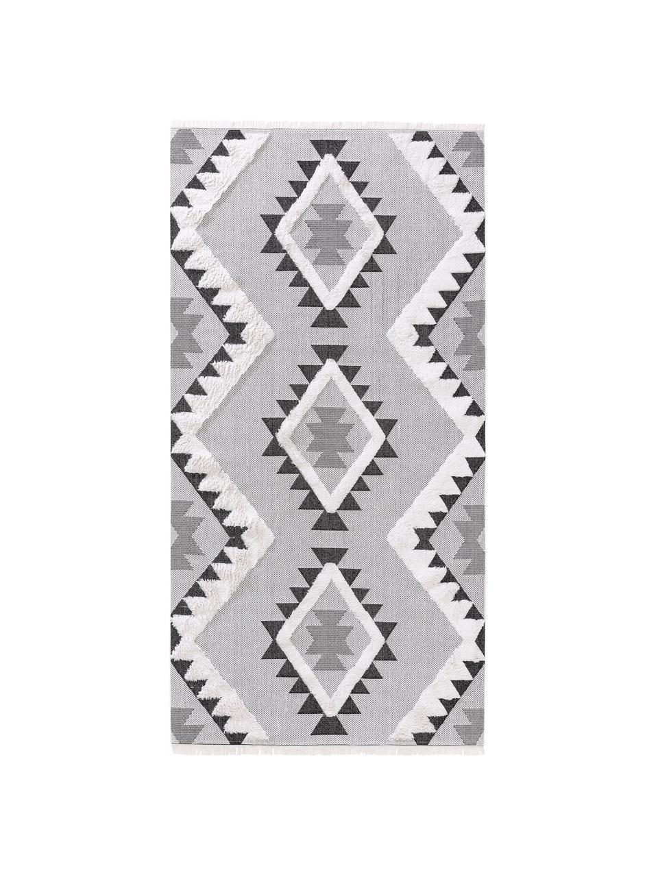 Dywan z bawełny z wypukłą strukturą Oslo Aztec, 100% bawełna, Kremowobiały, odcienie szarego, S 150 x D 230 cm (Rozmiar M)