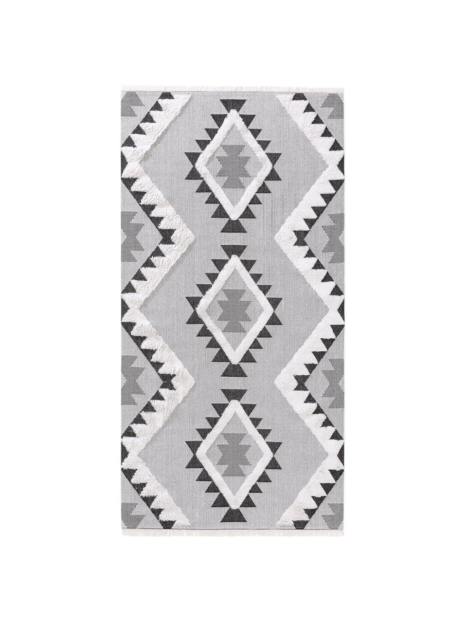 Tapis ethnique lavable en coton Oslo Aztec, Blanc crème, tons gris