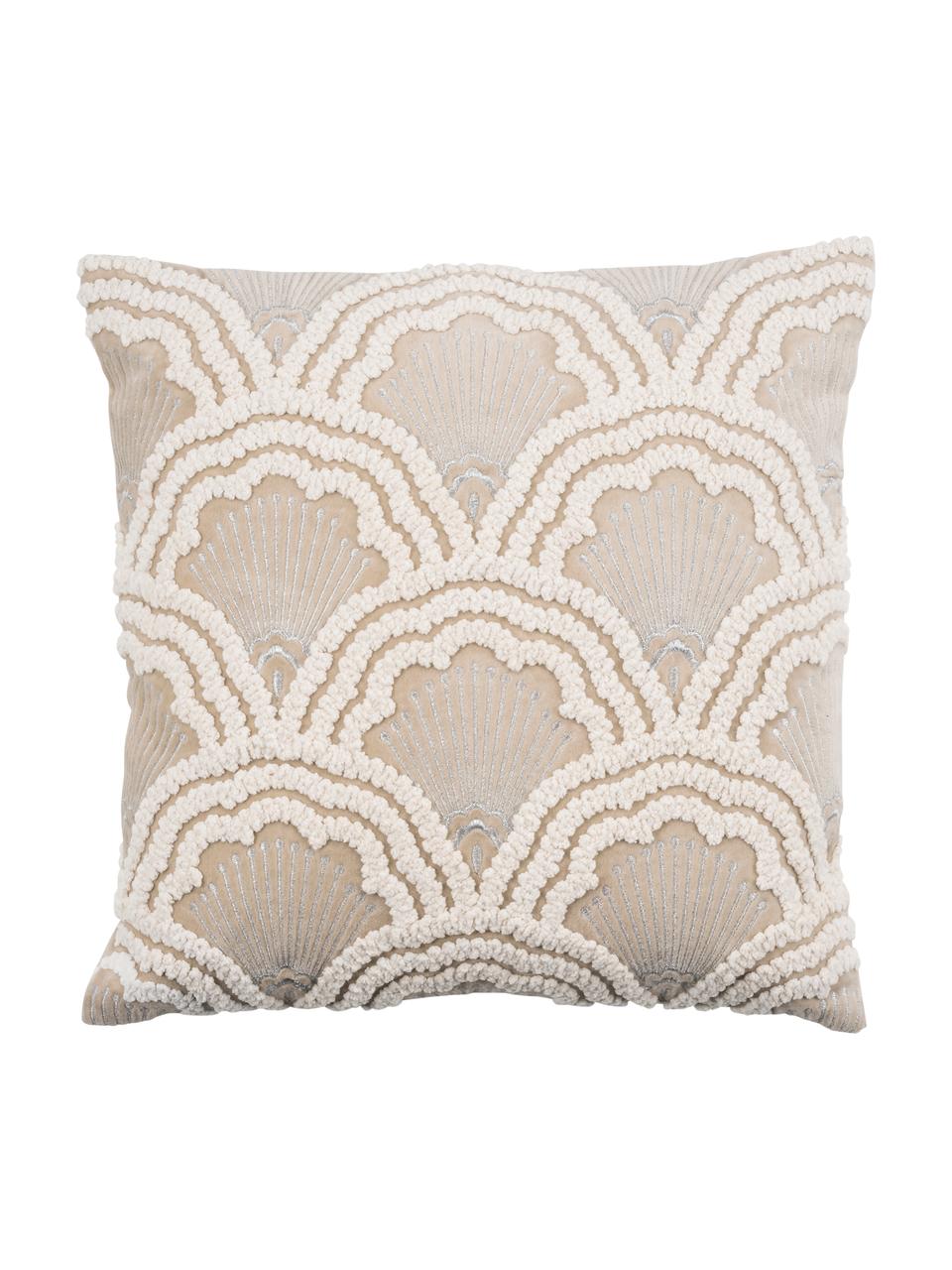 Housse de coussin en velours avec broderie en relief Chelsey, Coton, Beige clair, larg. 45 x long. 45 cm