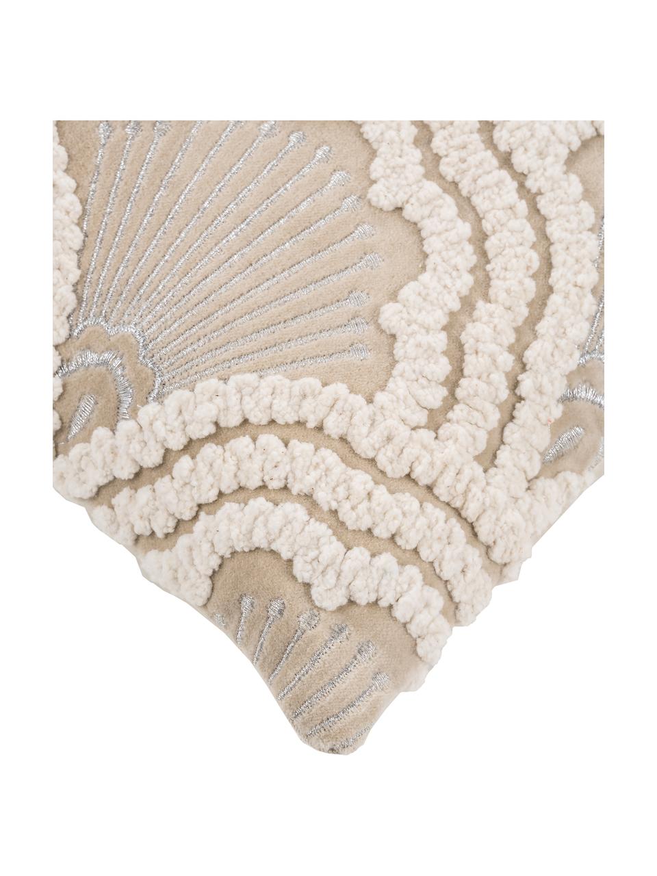 Housse de coussin en velours avec broderie en relief Chelsey, Coton, Beige clair, larg. 45 x long. 45 cm