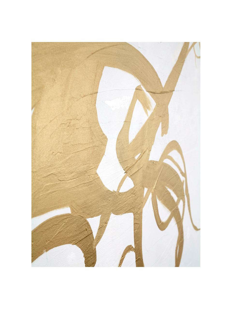 Ręcznie malowany obraz na płótnie w drewnianej ramie Goldplay, Stelaż: drewno sosnowe, Biały, odcienie złotego, S 102 x W 102 cm