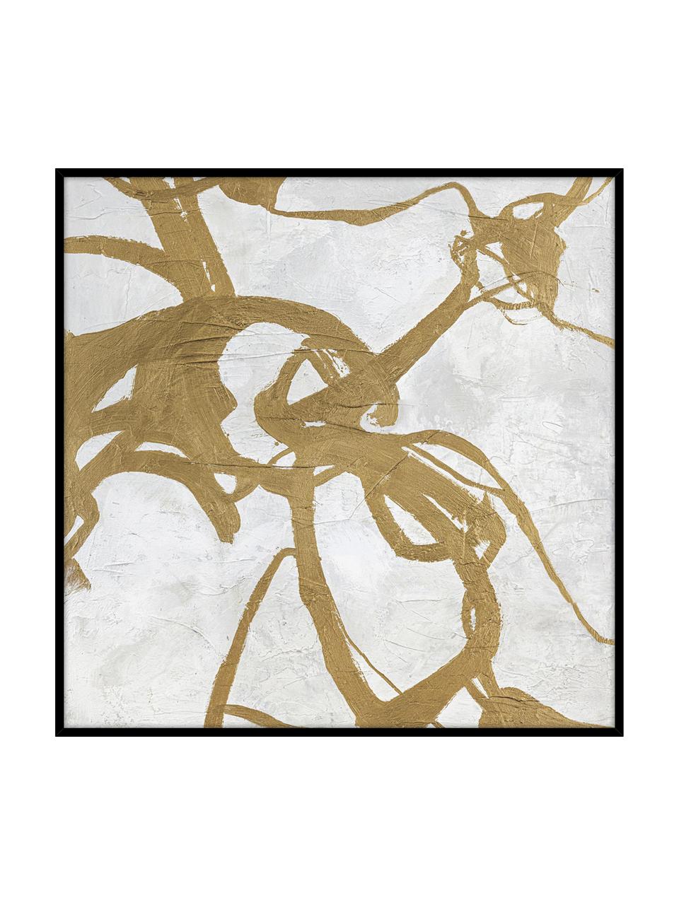 Ręcznie malowany obraz na płótnie w drewnianej ramie Goldplay, Stelaż: drewno sosnowe, Odcienie złotego, jasny szary, S 102 x W 102 cm