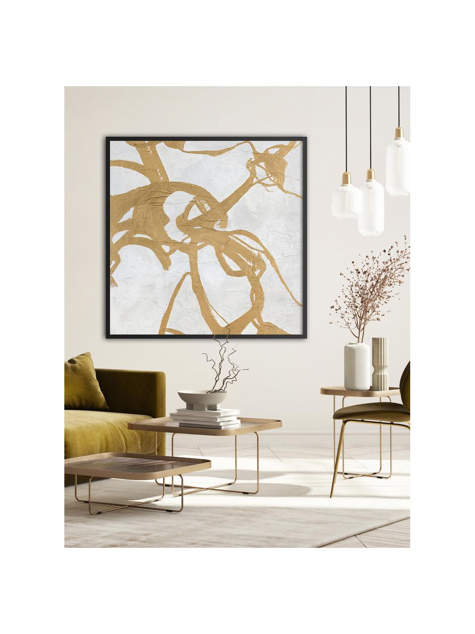 Ręcznie malowany obraz na płótnie w drewnianej ramie Goldplay, Stelaż: drewno sosnowe, Odcienie złotego, jasny szary, S 102 x W 102 cm