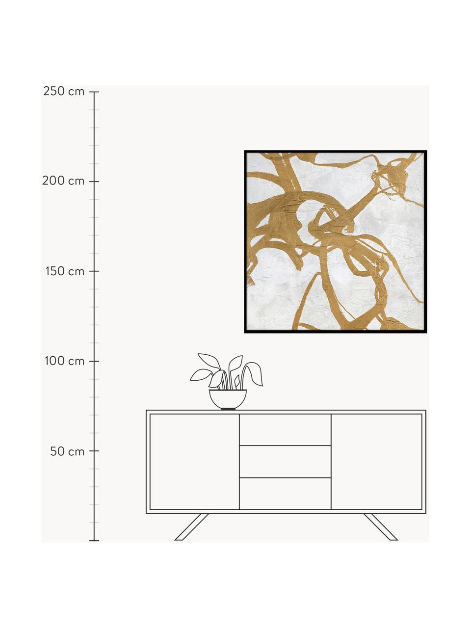 Handgemaltes Leinwandbild Goldplay mit Holzrahmen, Rahmen: Eichenholz, beschichtet, Goldfarben, Hellgrau, B 102 x H 102 cm