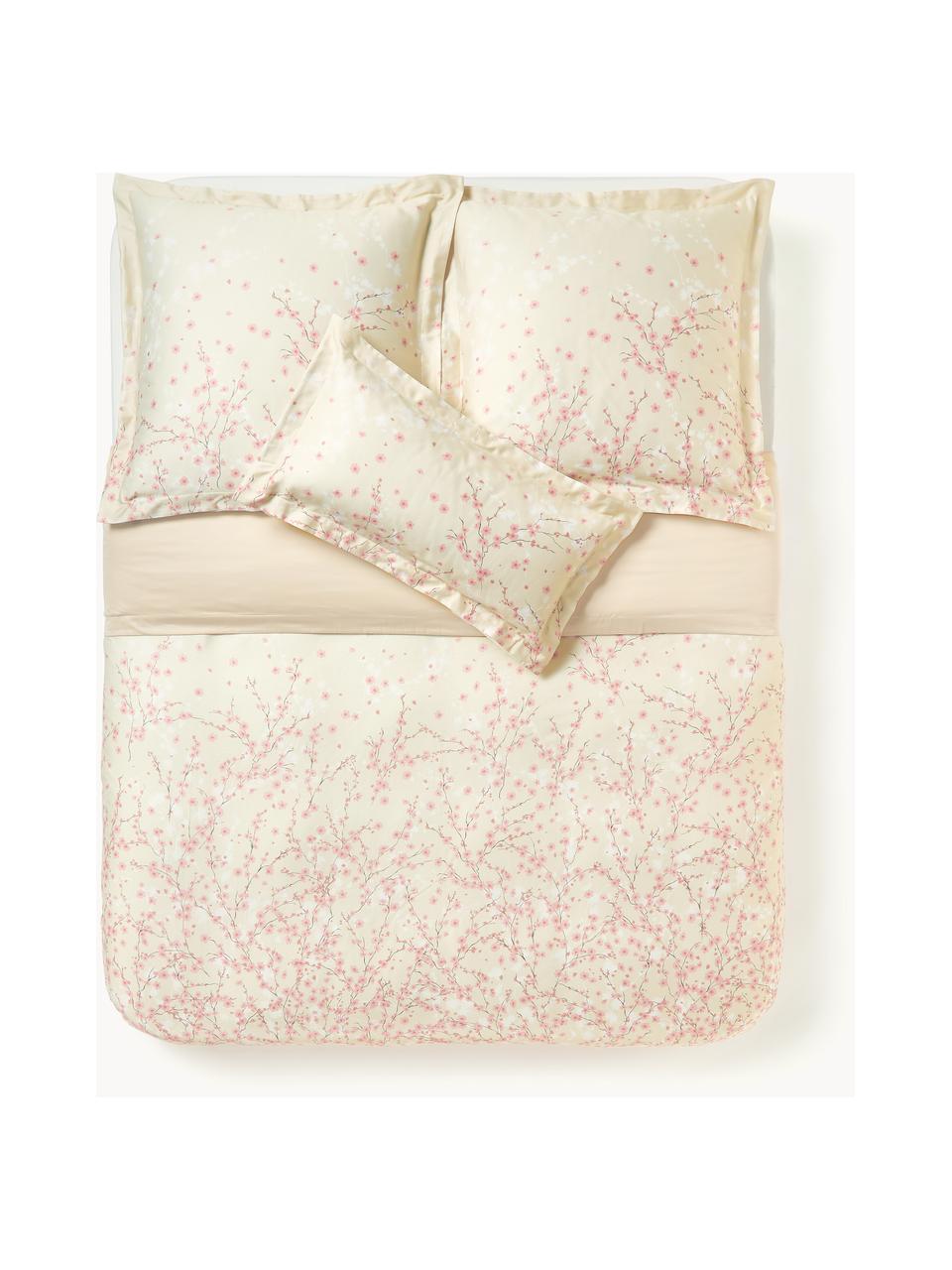 Housse de couette en satin de coton à motif floral Sakura, Beige clair, rose pâle, blanc, larg. 260 x long. 240 cm