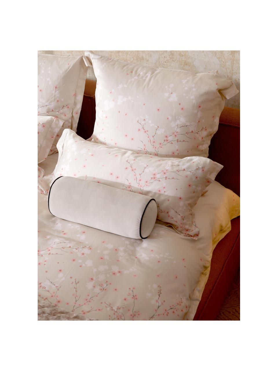 Housse de couette en satin de coton à motif floral Sakura, Beige clair, rose pâle, blanc, larg. 260 x long. 240 cm