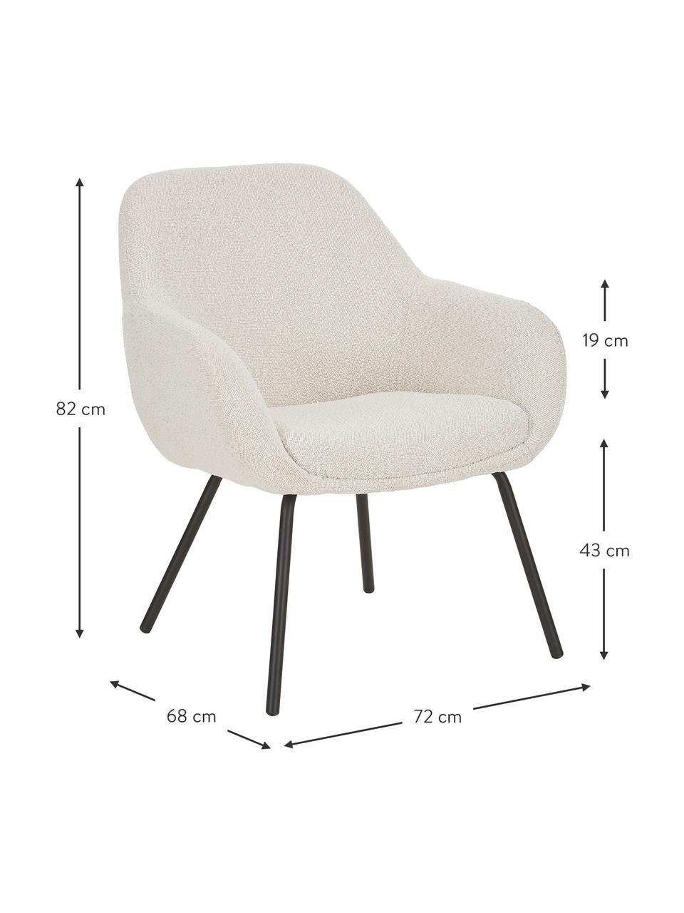 Fotel koktajlowy bouclé Jana, Tapicerka: poliester (materiał tekst, Nogi: metalowe, lakierowane pro, Kremowobiały bouclé, czarny, S 72 x G 68 cm