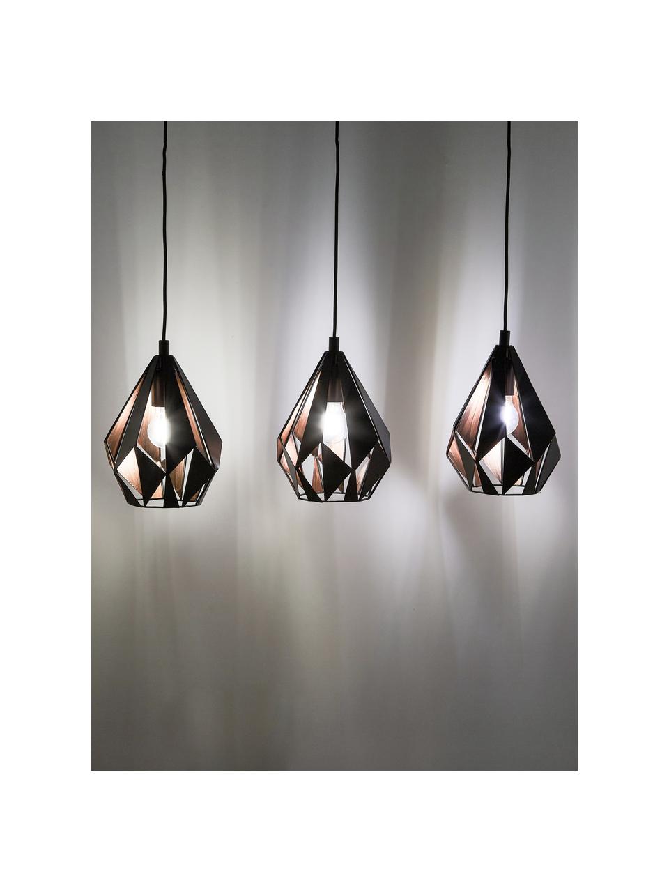 Grande suspension métal 3 lampes Carlton, Noir, couleur cuivre, larg. 81 x haut. 28 cm