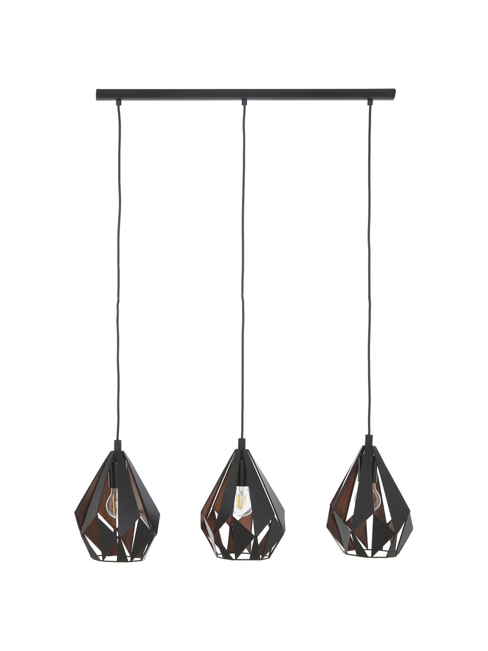 Grande suspension métal 3 lampes Carlton, Noir, couleur cuivre, larg. 81 x haut. 28 cm
