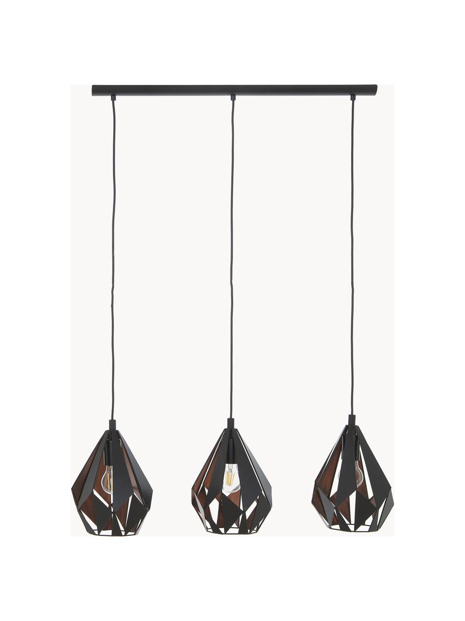 Grande suspension métal 3 lampes Carlton, Noir, tons cuivre, larg. 81 x haut. 28 cm